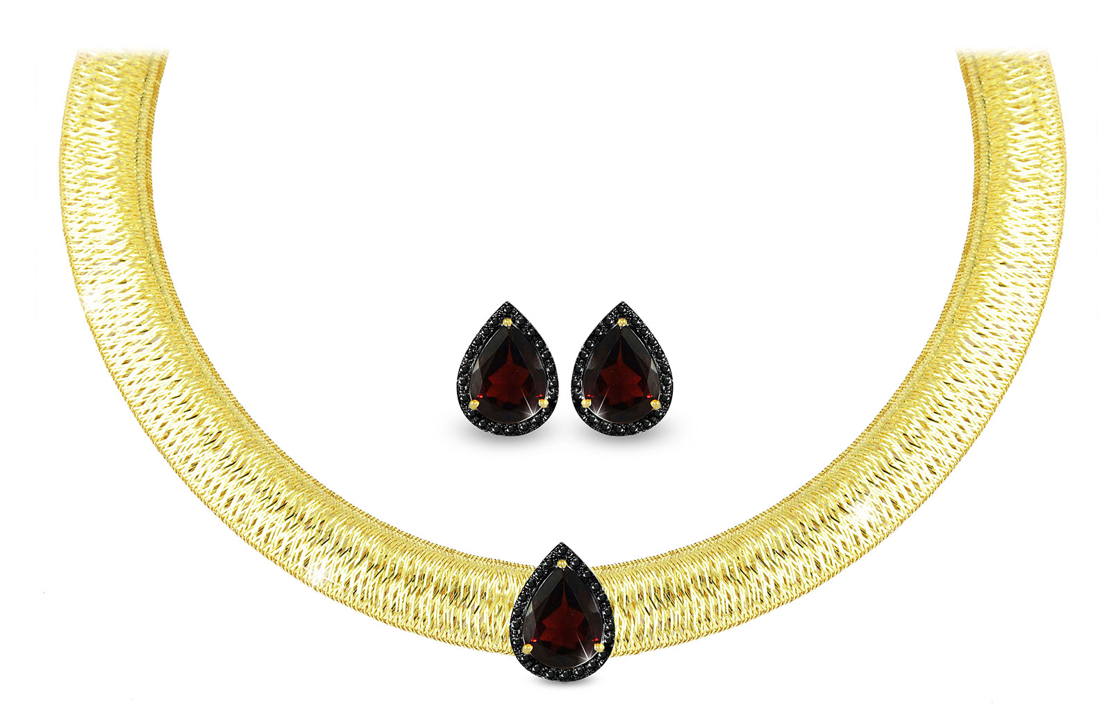Vera Perla 18K Gold 0.36ct  Black Diamonds, Garnet Jewelry Set - 2 pcs.
